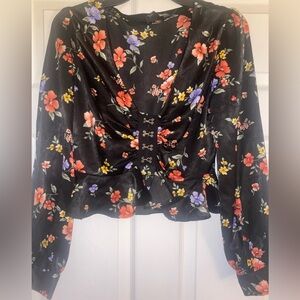 Forever 21 Long-Sleeved Satin Floral Blouse, Cropped